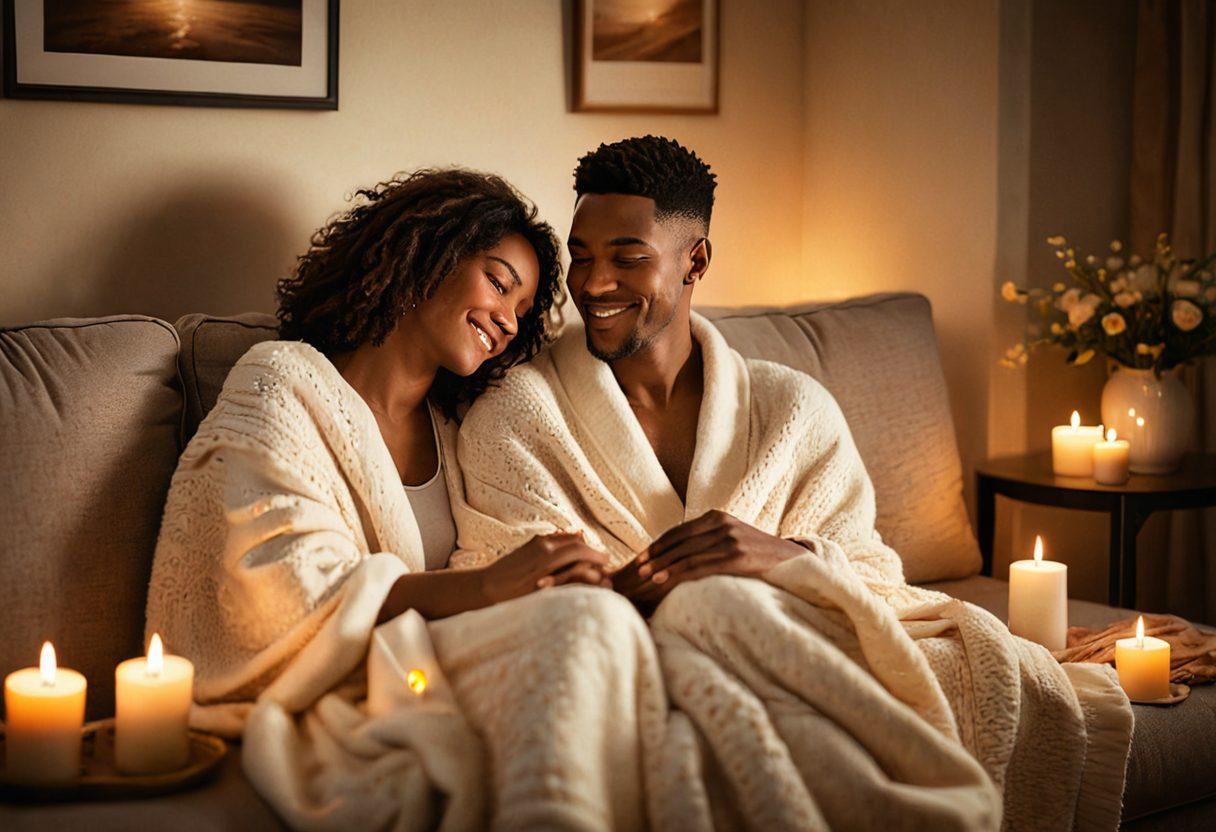 A warm, inviting scene of a couple sitting close together on a cozy couch, wrapped in a soft blanket, surrounded by romantic candlelight. Subtle heart shapes in the background are softly illuminated, symbolizing intimacy. The couple shares a smile, with a hint of playfulness in their eyes, representing the journey from fondness to deeper connection. Use soft colors and gentle textures for an intimate atmosphere. super-realistic. warm tones. soft lighting.