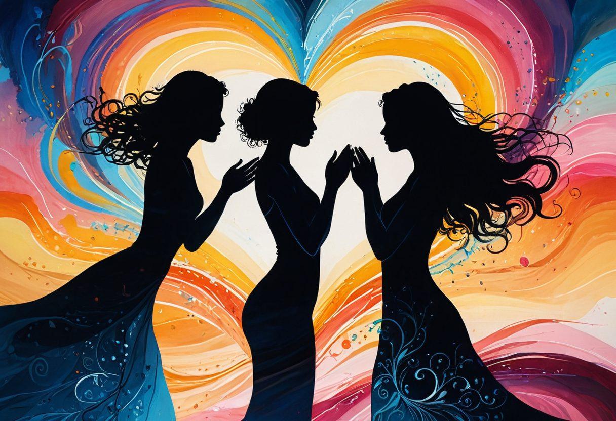 A serene setting showcasing two silhouettes reaching towards each other, surrounded by a warm glow of soft, radiant hearts. The background features abstract swirls of vibrant colors representing emotions and connections. Gentle petals float through the air, symbolizing love and passion. The scene evokes a sense of closeness and intimacy. painting. vibrant colors. whimsical details.